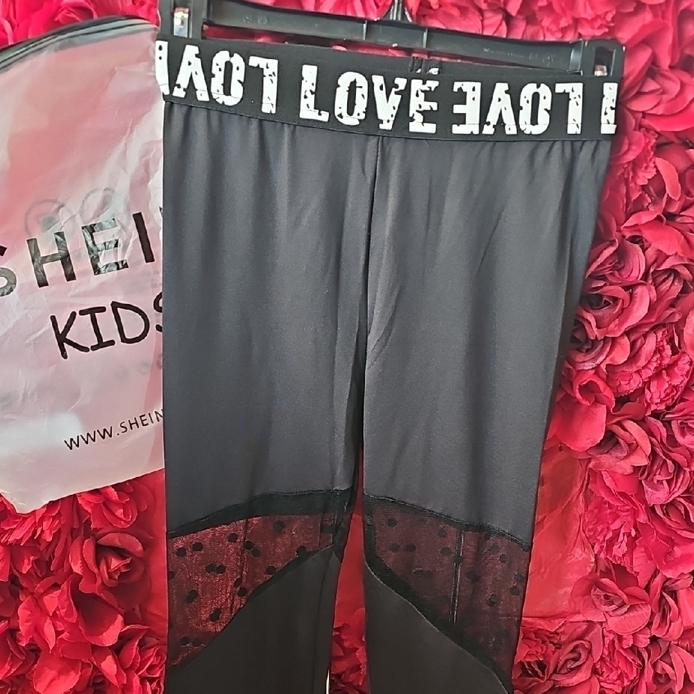 SHEIN NWT Girls Black Love Part Sheer Leggings Size 9 Years